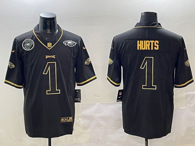 Men Philadelphia Eagles #1 Hurts Black gold Throwback 2025 Nike Vapor Limited NFL Jersey style 5